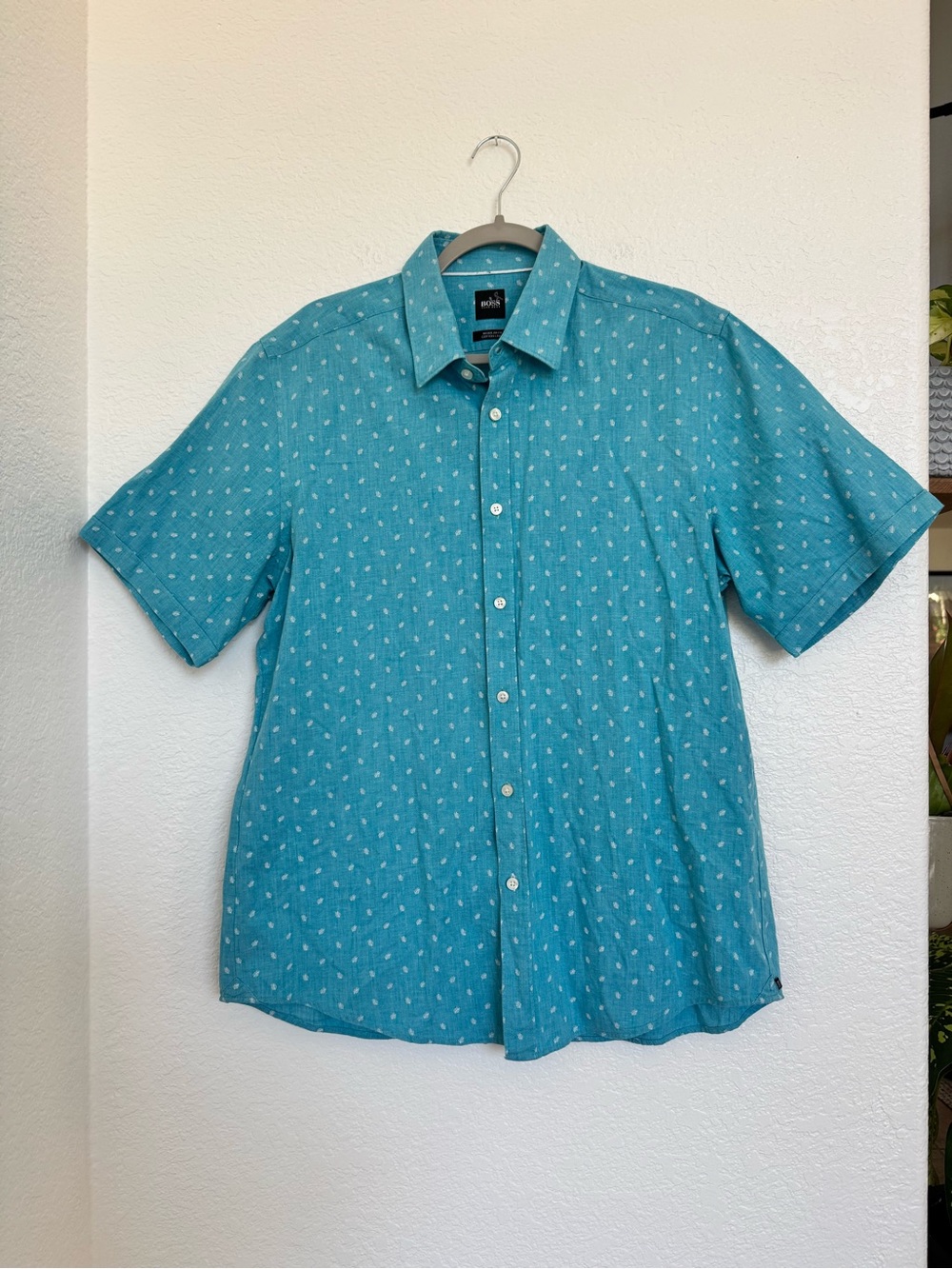 Hugo Boss Regular Fit Linen & Cotton Blend Shirt - White Leaf Print
